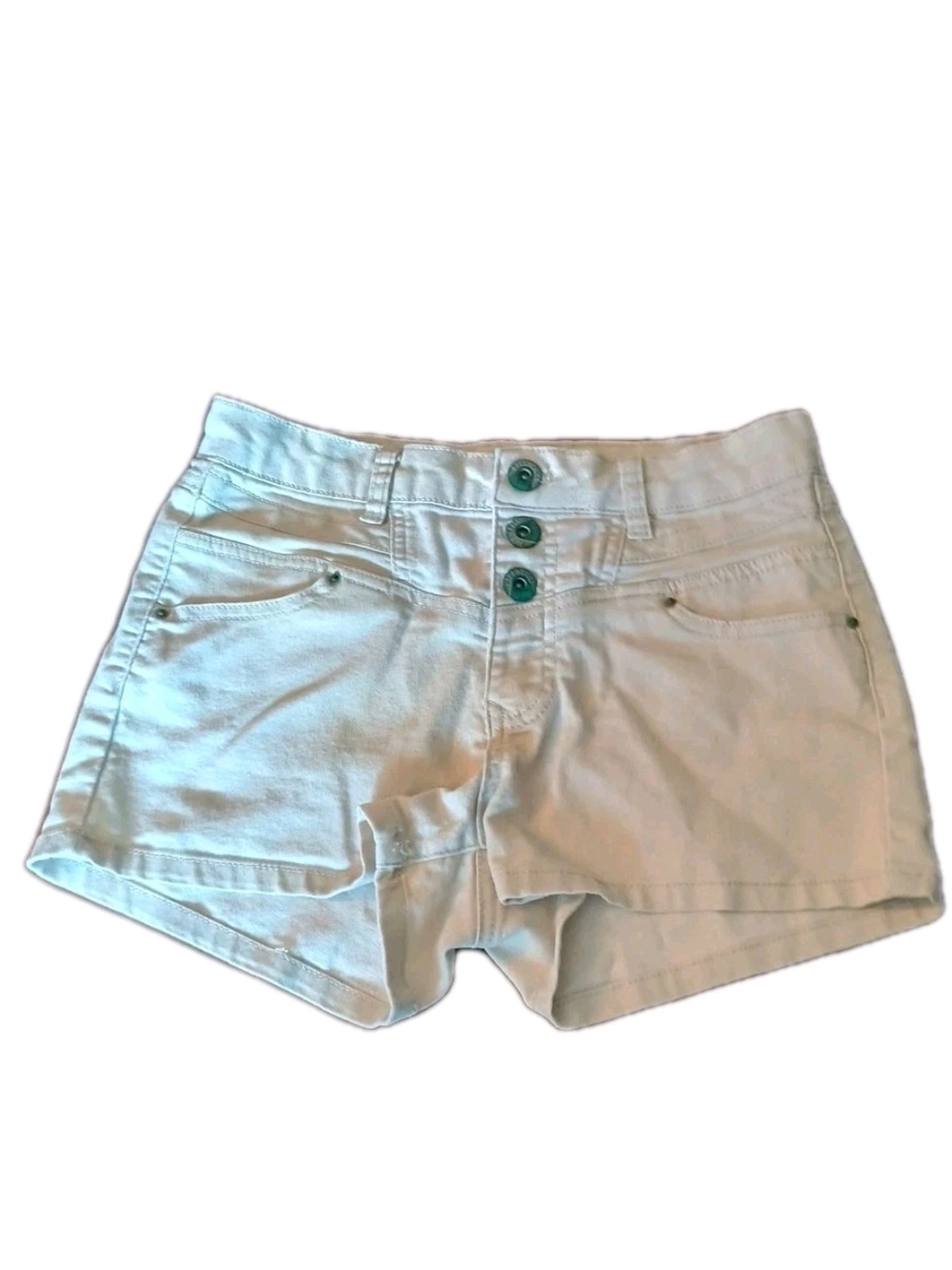 Blue Spice Beige Sz 7  high waisted three button Denim shorts